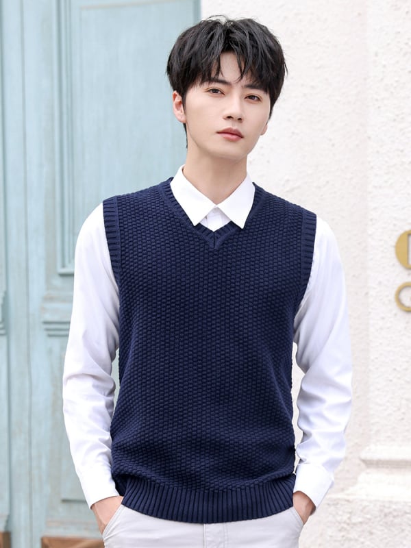 Мъжка плетена безръкавна жилетка - корейски стил, V-образно деколте, 100% памук