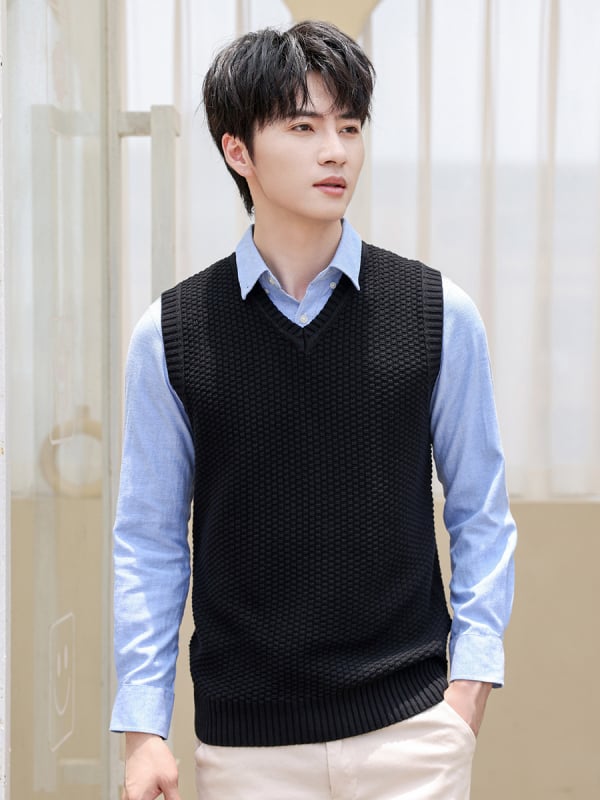 Мъжка плетена безръкавна жилетка - корейски стил, V-образно деколте, 100% памук