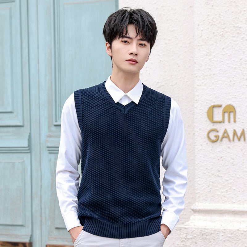 Мъжка плетена безръкавна жилетка - корейски стил, V-образно деколте, 100% памук