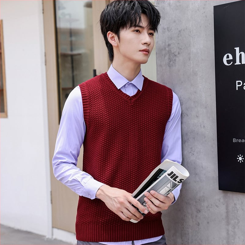 Мъжка плетена безръкавна жилетка - корейски стил, V-образно деколте, 100% памук