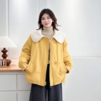 Женско зимно яке с лацкан, полиестерна външна материя, подплатено с флис, свободна кройка, средна дължина, елегантен градски стил