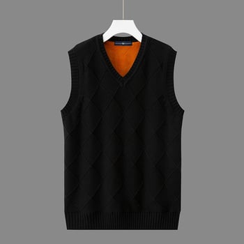 Мъжка безръкавна жилетка с флийс подплата, дебела за зимата, с V-образно деколте, корейски стил жакардов плет, 100% памук