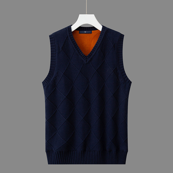 Мъжка безръкавна жилетка с флийс подплата, дебела за зимата, с V-образно деколте, корейски стил жакардов плет, 100% памук