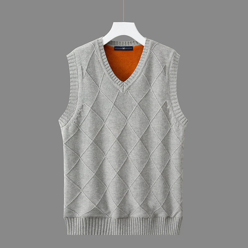 Мъжка безръкавна жилетка с флийс подплата, дебела за зимата, с V-образно деколте, корейски стил жакардов плет, 100% памук