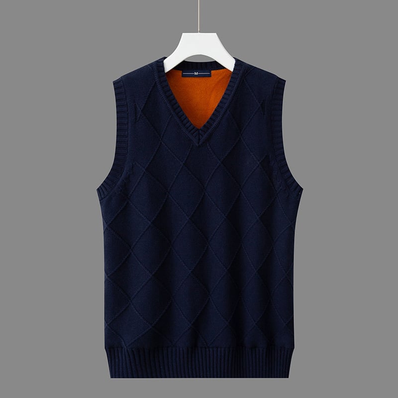 Мъжка безръкавна жилетка с флийс подплата, дебела за зимата, с V-образно деколте, корейски стил жакардов плет, 100% памук