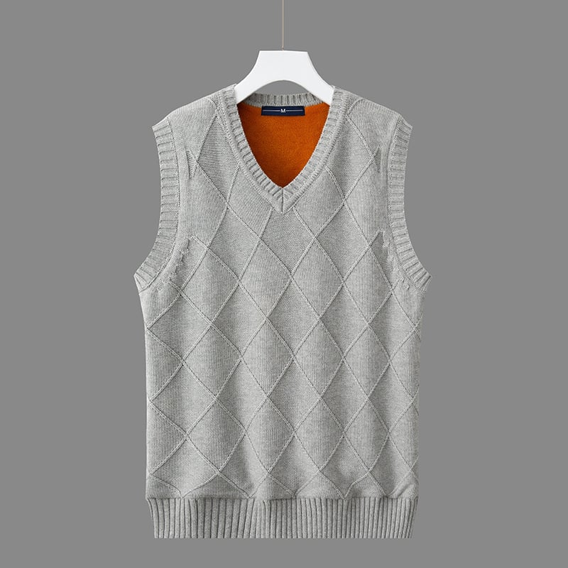 Мъжка безръкавна жилетка с флийс подплата, дебела за зимата, с V-образно деколте, корейски стил жакардов плет, 100% памук