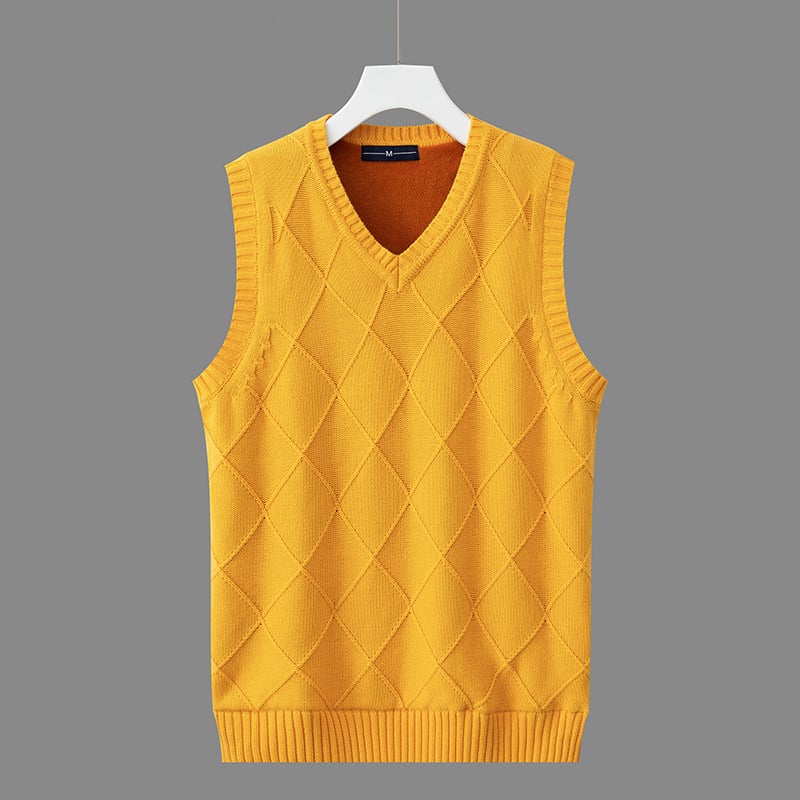 Мъжка безръкавна жилетка с флийс подплата, дебела за зимата, с V-образно деколте, корейски стил жакардов плет, 100% памук