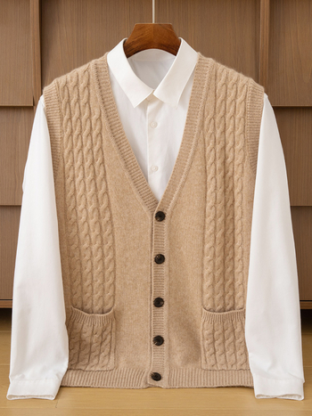 Muški debeli kašmirski prsluk s V-izrezom, uvijen cvjetni uzorak, bez rukava, pleteni