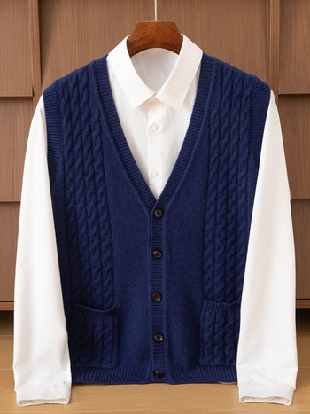 Muški debeli kašmirski prsluk s V-izrezom, uvijen cvjetni uzorak, bez rukava, pleteni