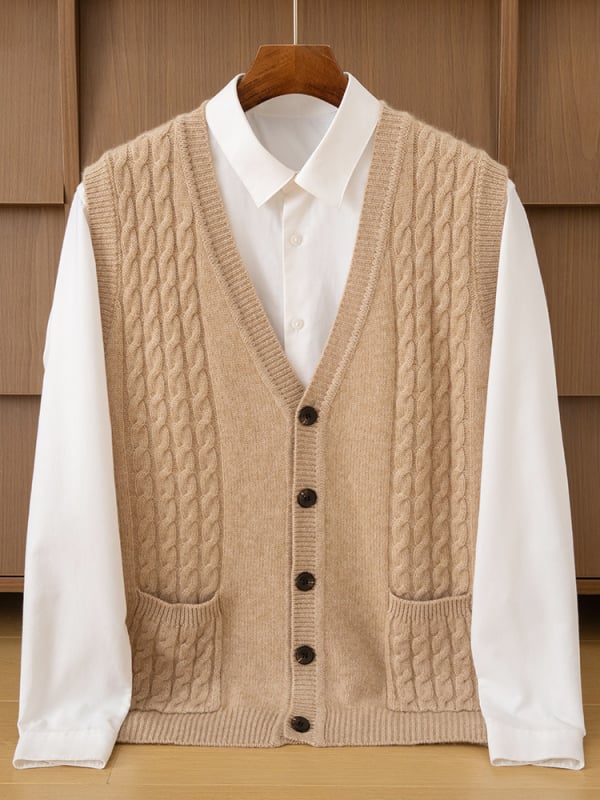 Muški debeli kašmirski prsluk s V-izrezom, uvijen cvjetni uzorak, bez rukava, pleteni