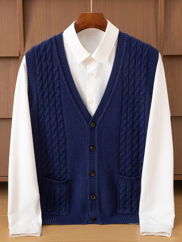 Muški debeli kašmirski prsluk s V-izrezom, uvijen cvjetni uzorak, bez rukava, pleteni