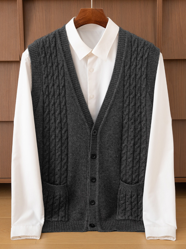 Muški debeli kašmirski prsluk s V-izrezom, uvijen cvjetni uzorak, bez rukava, pleteni