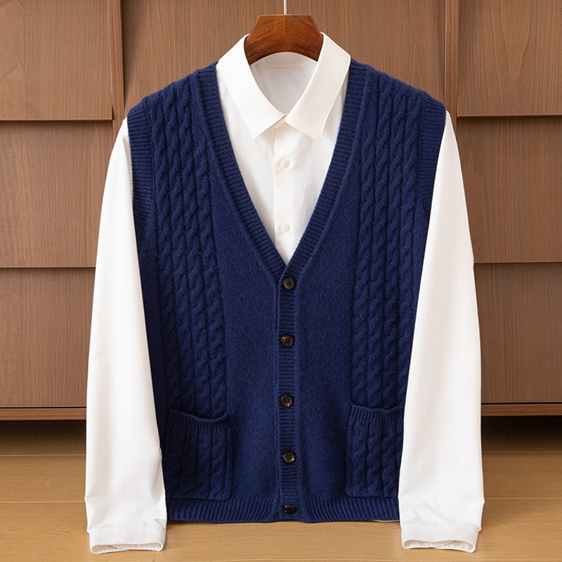 Muški debeli kašmirski prsluk s V-izrezom, uvijen cvjetni uzorak, bez rukava, pleteni