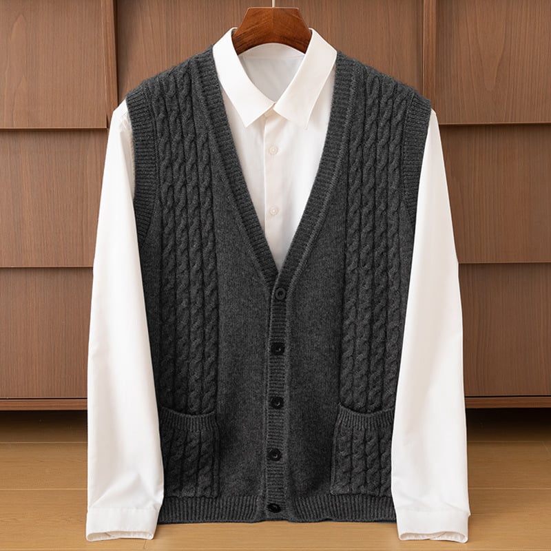 Muški debeli kašmirski prsluk s V-izrezom, uvijen cvjetni uzorak, bez rukava, pleteni