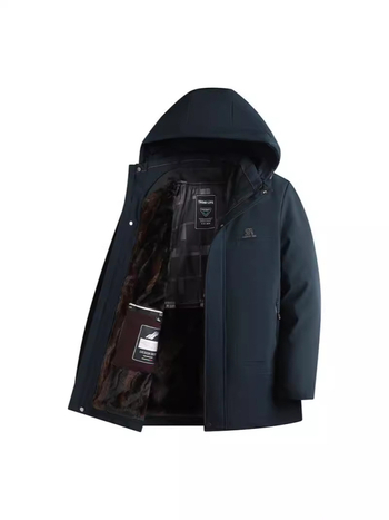 Férfi kapucnis vastag téli kabát poliészter töltettel, középhosszú, cipzárral az elején