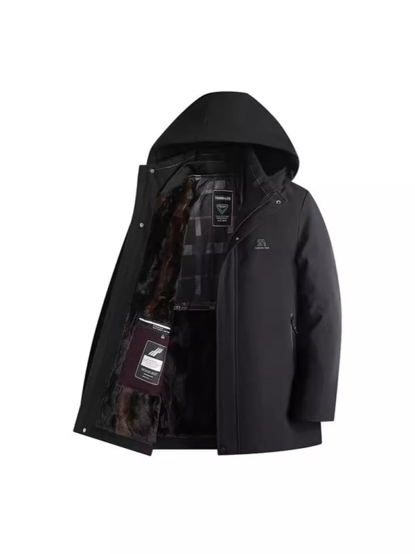 Férfi kapucnis vastag téli kabát poliészter töltettel, középhosszú, cipzárral az elején