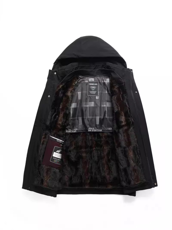 Férfi kapucnis vastag téli kabát poliészter töltettel, középhosszú, cipzárral az elején