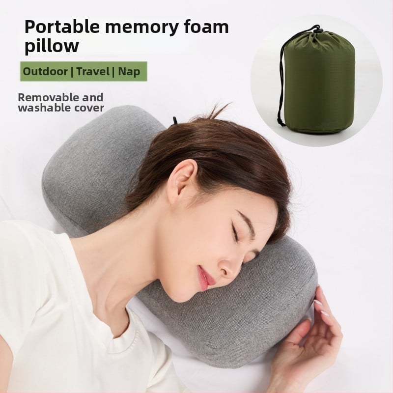 Портативна туристическа възглавничка за шия за къмпинг и офис (паметна пяна, памучно-вискозна тъкан, полиуретанов пълнеж, овална форма, двойно използване – мек/твърд)