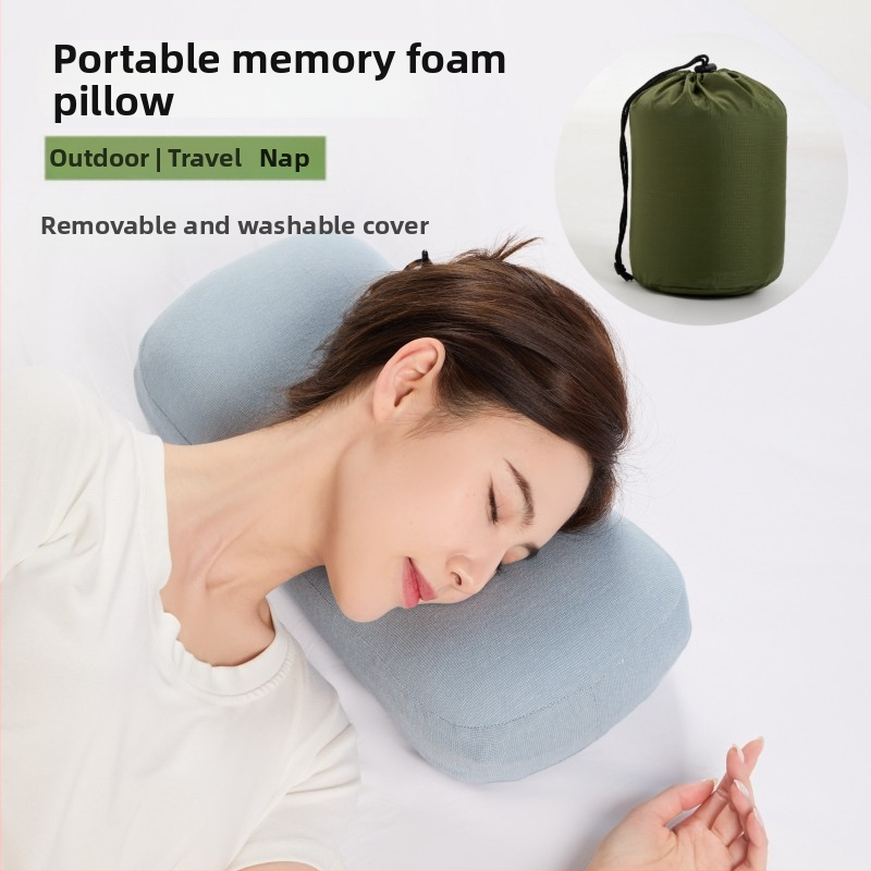 Портативна туристическа възглавничка за шия за къмпинг и офис (паметна пяна, памучно-вискозна тъкан, полиуретанов пълнеж, овална форма, двойно използване – мек/твърд)