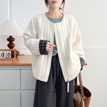 Есен 2025 Полиестерово яке без яка с цип, дълги ръкави