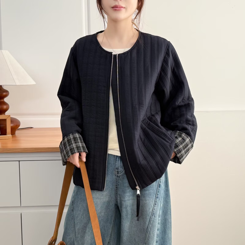 Есен 2025 Полиестерово яке без яка с цип, дълги ръкави