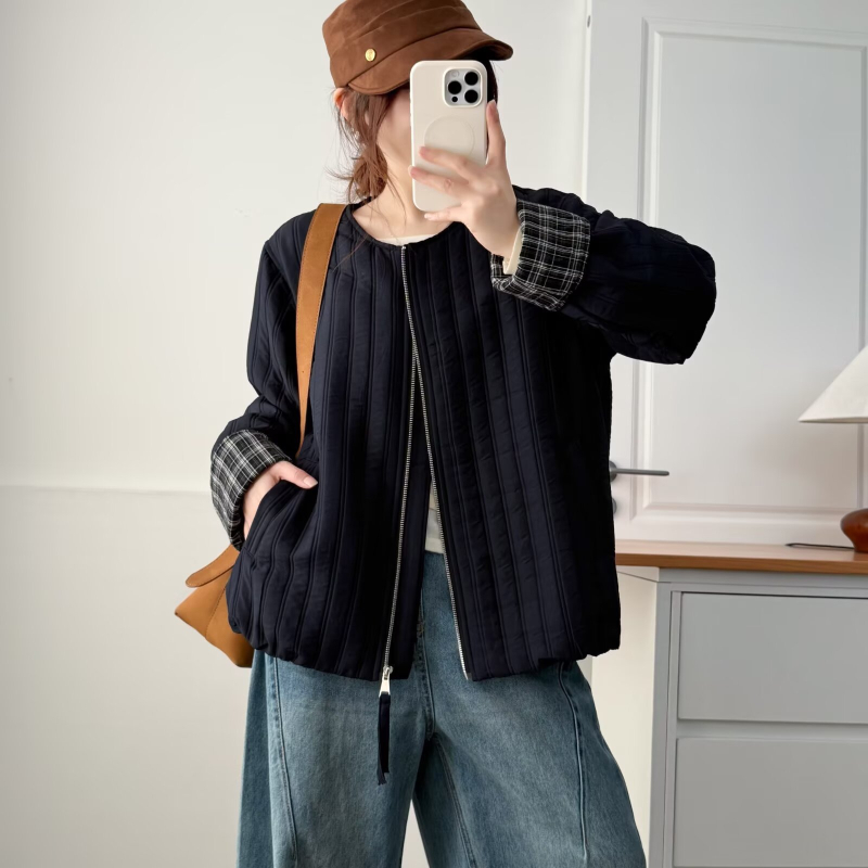 Есен 2025 Полиестерово яке без яка с цип, дълги ръкави