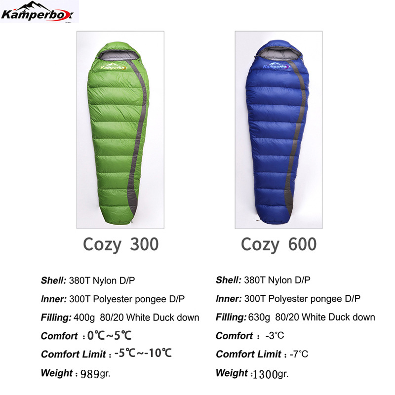 Camperbox spavaći vreća u stilu mumije, punjena guščjim perjem, najlonska tkanina, poliester podstava, Cozy 300