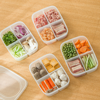 Hűtőszekrény tároló doboz, négy rekeszes, téglalap alakú, átlátszó fedél, zárható, PP alapanyagból.