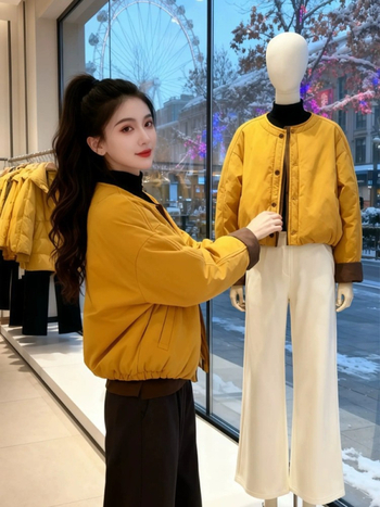 Női pamut tömött kabát, koreai stílusú dizájn, kerek nyak, bő szabás, középméretű hossz, téli 2025 kollekció