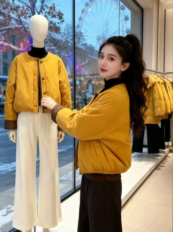 Női pamut tömött kabát, koreai stílusú dizájn, kerek nyak, bő szabás, középméretű hossz, téli 2025 kollekció