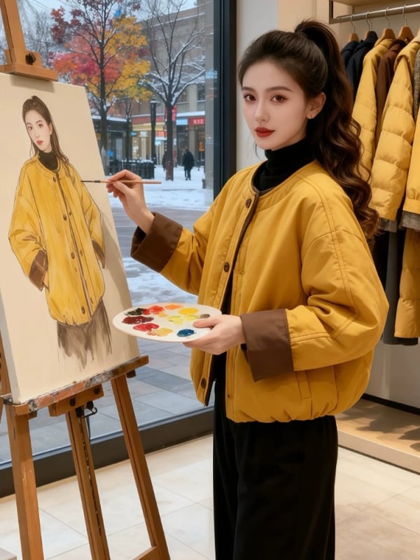 Női pamut tömött kabát, koreai stílusú dizájn, kerek nyak, bő szabás, középméretű hossz, téli 2025 kollekció