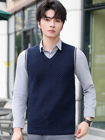 Férfi kötött mellény, Koreai stílus, V-nyakú, ujjatlan, 100% pamut