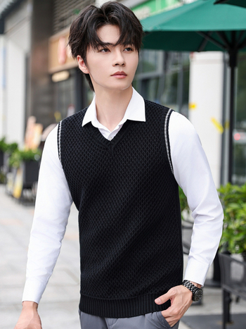 Férfi kötött mellény, Koreai stílus, V-nyakú, ujjatlan, 100% pamut