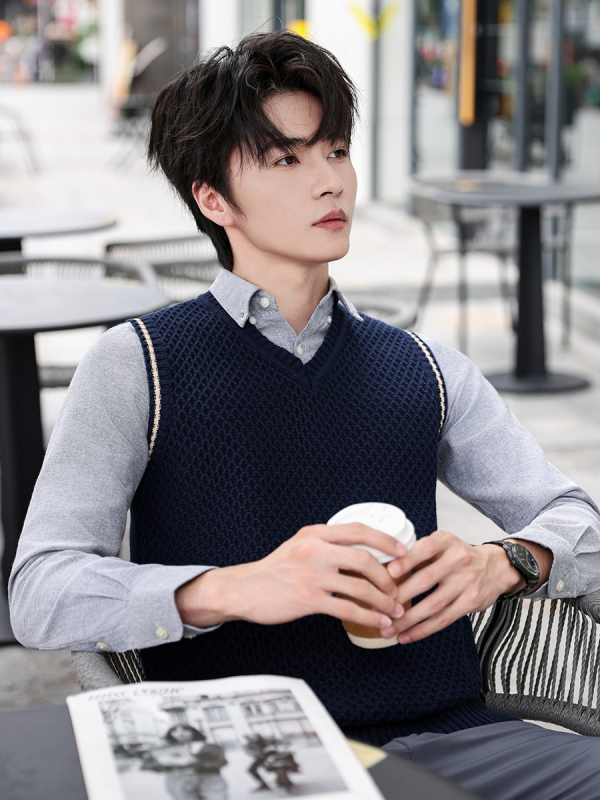 Férfi kötött mellény, Koreai stílus, V-nyakú, ujjatlan, 100% pamut