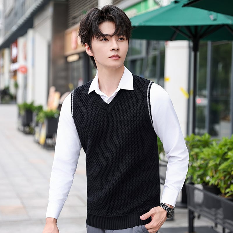 Férfi kötött mellény, Koreai stílus, V-nyakú, ujjatlan, 100% pamut