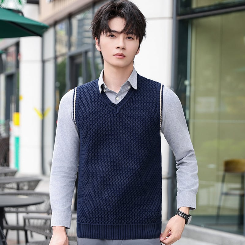 Férfi kötött mellény, Koreai stílus, V-nyakú, ujjatlan, 100% pamut