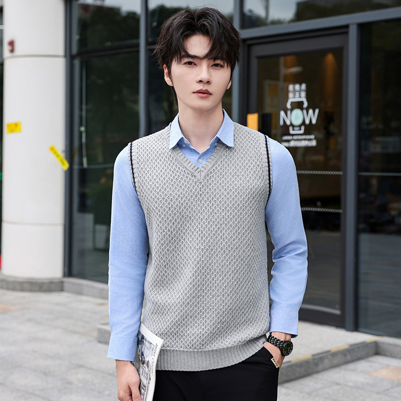 Férfi kötött mellény, Koreai stílus, V-nyakú, ujjatlan, 100% pamut
