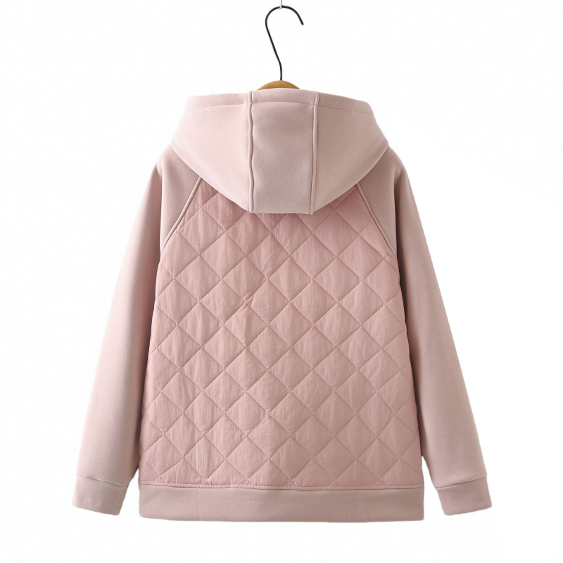 Дамско зимно палто с качулка, пухово- памучна изолация, плътна полиестерна тъкан, patchwork дизайн, цип отпред