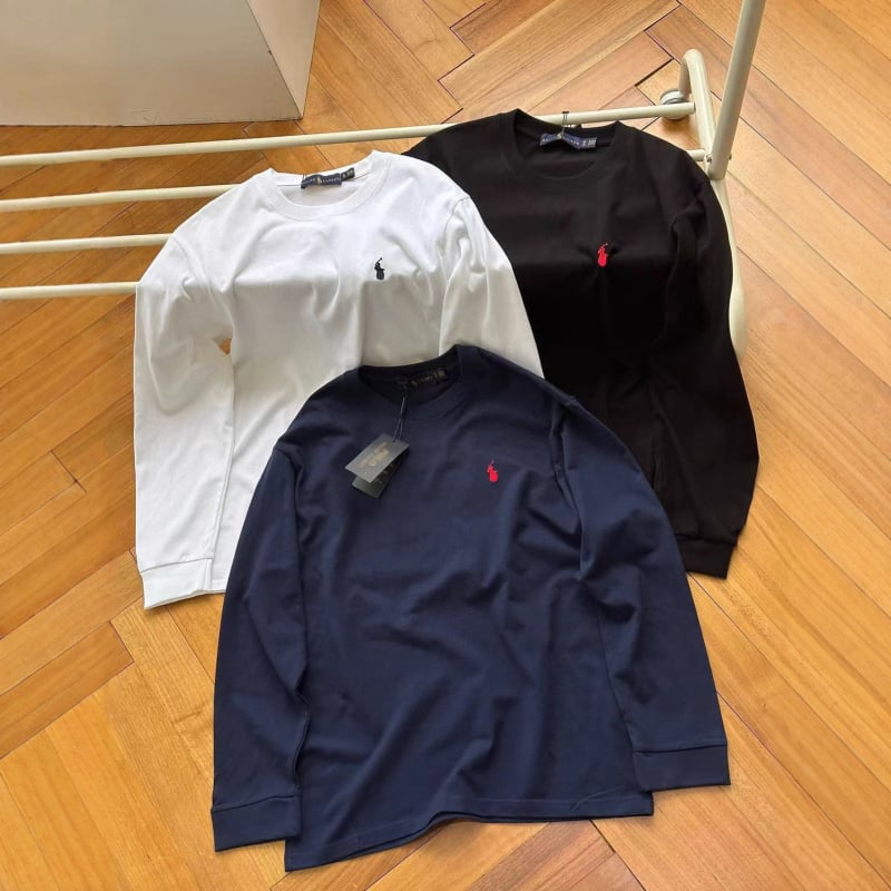 Тениска с дълъг ръкав от чист памук, кръгло деколте, с лого на марката, тегло 180–250 г