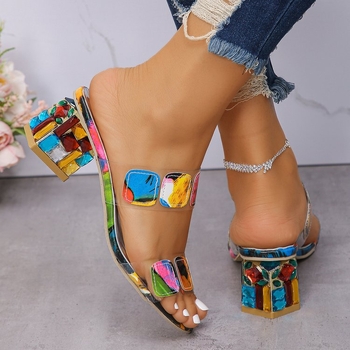 Ženske sandale s rhinestones i debelim petama, jednopantni remen, PU gornji dio, gumeni đon