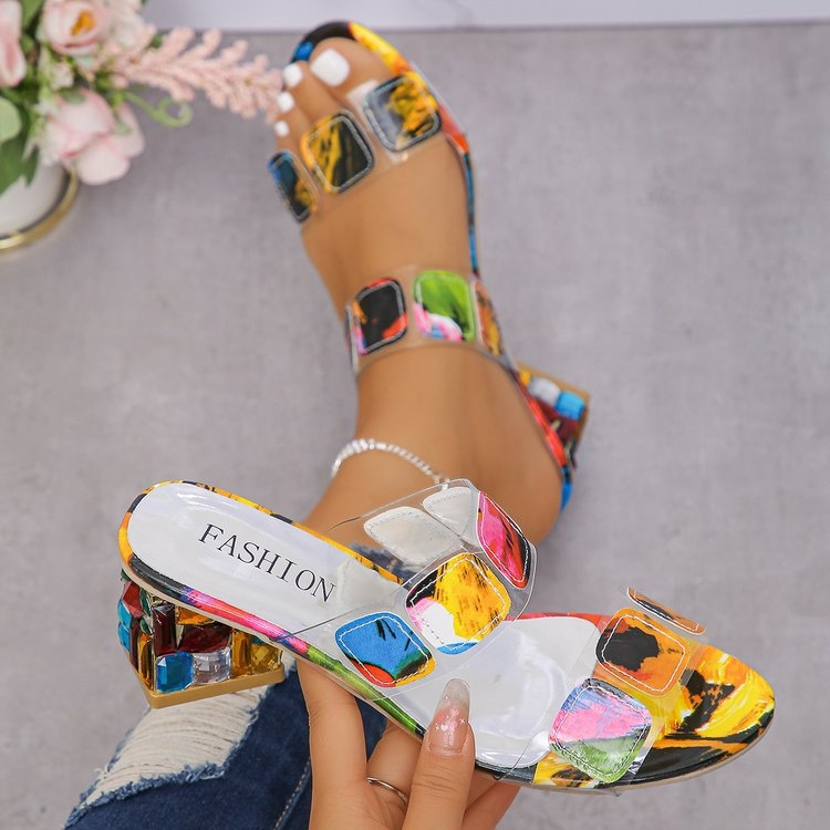 Ženske sandale s rhinestones i debelim petama, jednopantni remen, PU gornji dio, gumeni đon
