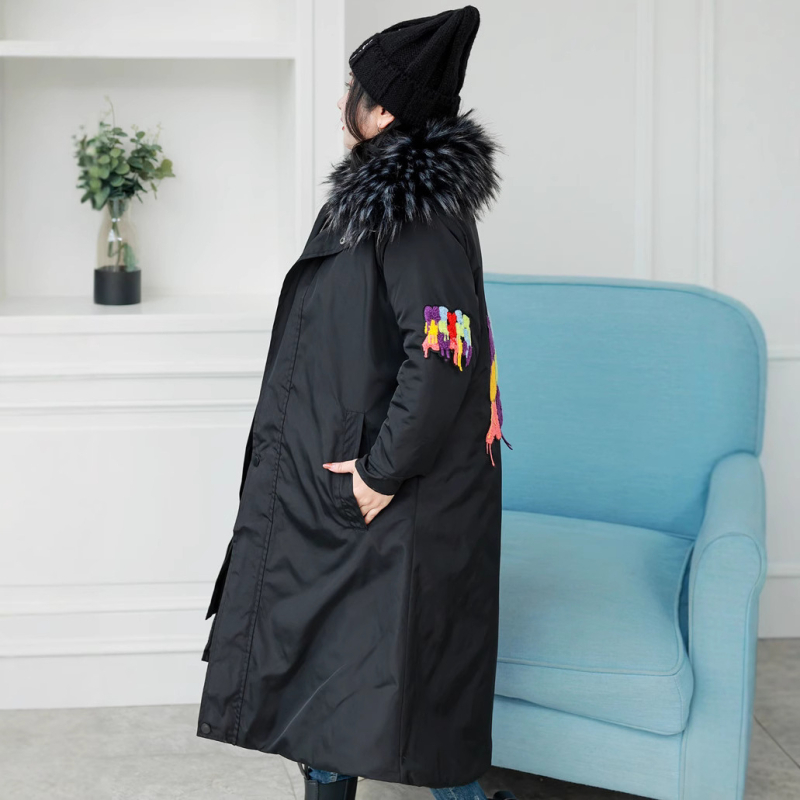 Корейски стил зимно памучно яке с пухена яка, дълго, свободен силует, едноцветно, 90-95% памук