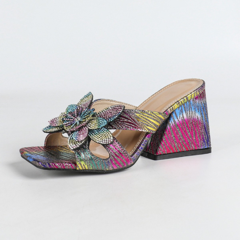 Ženske sandale s rhinestones cvijetom, kvadratni vrh prsta, debeli potplat 6–8 cm, gumeni potplat