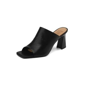 Ženske sandale od prave kože, visoke potpetice, otvoreni prsti (peep-toe), kvadratni nos, debeli peti, ležerni stil