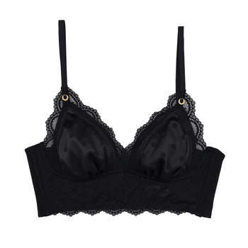 Δαντελένιο σουτιέν με σατέν ύφασμα, τρίγωνικές чашες, κλείσιμο στην πλάτη με τέσσερις σειρές αγκίστρων, σταθερά διπλά λουριά, κύριο ύφασμα πολυεστέρας, επένδυση νάιλον