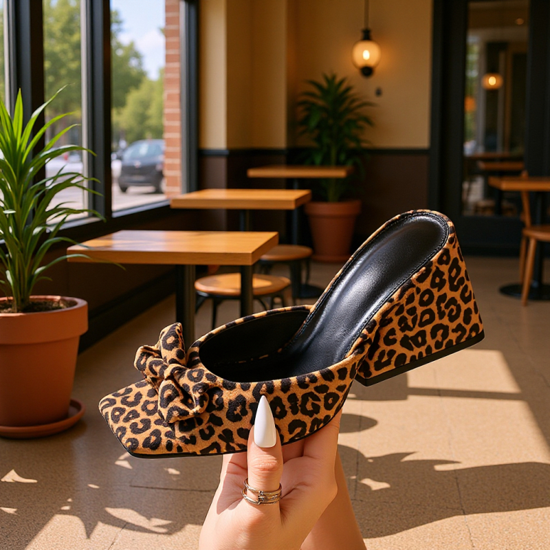 Sandale dama cu toc înalt, curea simplă, velur, vârf drept, leopard print