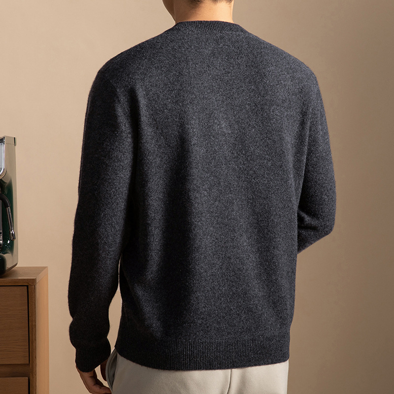 Férfi pulóver, 8% kasmír és 92% gyapjú, imitált két részes megjelenés, vintage stílus, kerek nyakú, jacquard kötés, hosszú ujjú, normál hossz, téli 2025