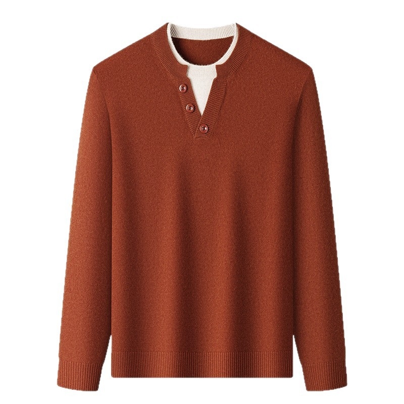 Férfi pulóver, 8% kasmír és 92% gyapjú, imitált két részes megjelenés, vintage stílus, kerek nyakú, jacquard kötés, hosszú ujjú, normál hossz, téli 2025