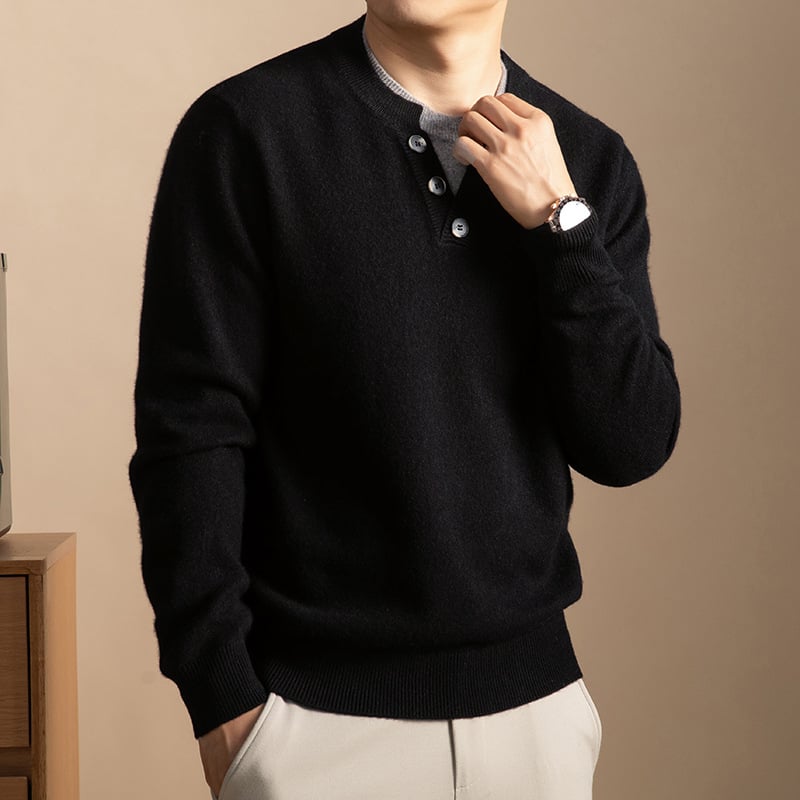 Férfi pulóver, 8% kasmír és 92% gyapjú, imitált két részes megjelenés, vintage stílus, kerek nyakú, jacquard kötés, hosszú ujjú, normál hossz, téli 2025