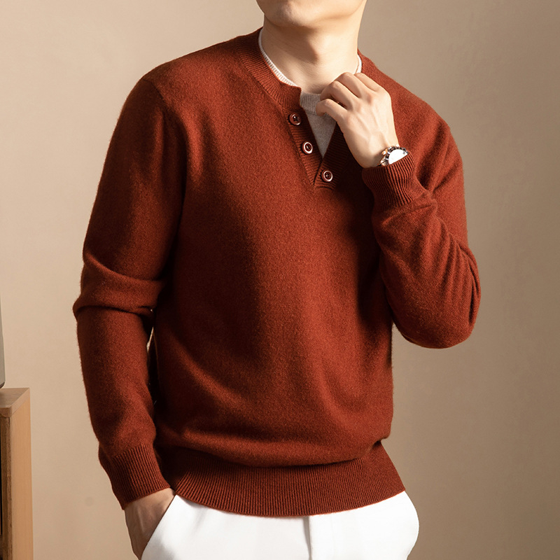 Férfi pulóver, 8% kasmír és 92% gyapjú, imitált két részes megjelenés, vintage stílus, kerek nyakú, jacquard kötés, hosszú ujjú, normál hossz, téli 2025